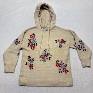 See and Be Seen Floral Embroidered Knit Hoodie Sweater Oatmeal Tan Womens Size S
